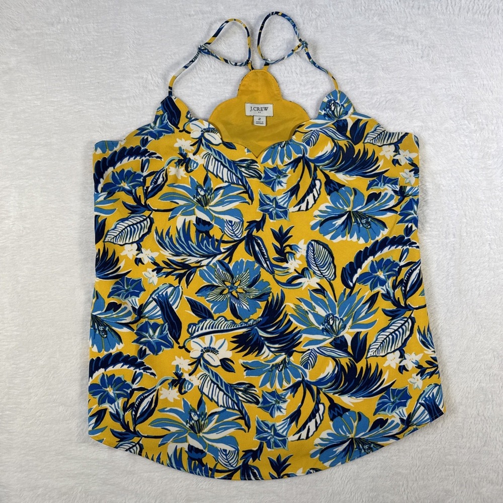 J. Crew  Scalloped Colorful Wrinkle Resistant Yellow Blue Floral Blouse Sz 2